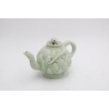 A CELADON GLAZE LOTUS TEAPOT WITH FROG AND NEWT DECORATION, 14cm high