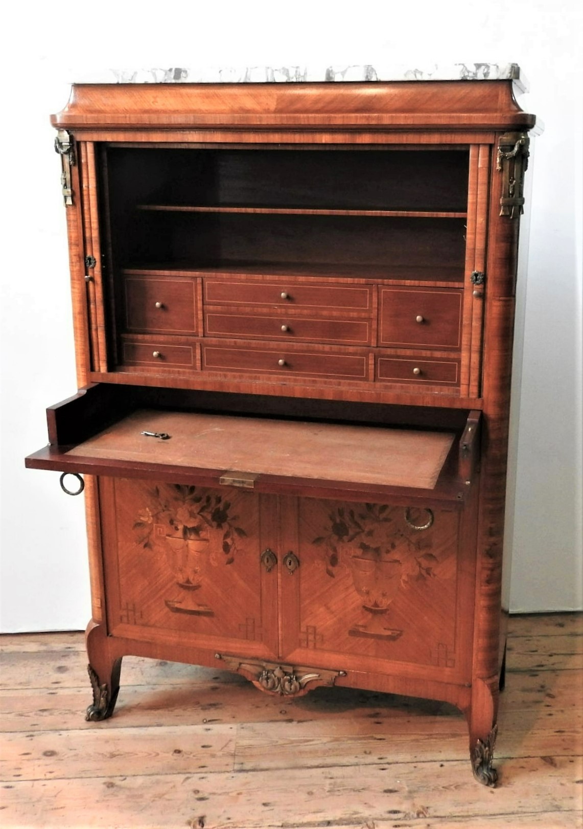 A 20TH CENTURY WALNUT VENEER LOUIS XVI STYLE SECRETAIRE, a tambour roll enclosing seven trinket - Image 2 of 6