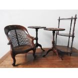 A CHILD'S MAHOGANY FRAMED CANE ARMCHAIR, TWO 20TH CENTURY WINE TABLES AND 3-TIER CORNER WHAT NOT,