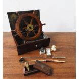 A VICTORIAN BURR WALNUT BOX, ORNAMENTAL SHIP'S WHEEL, POCKET WATCH AND CANDLE SNUFFER, plus two