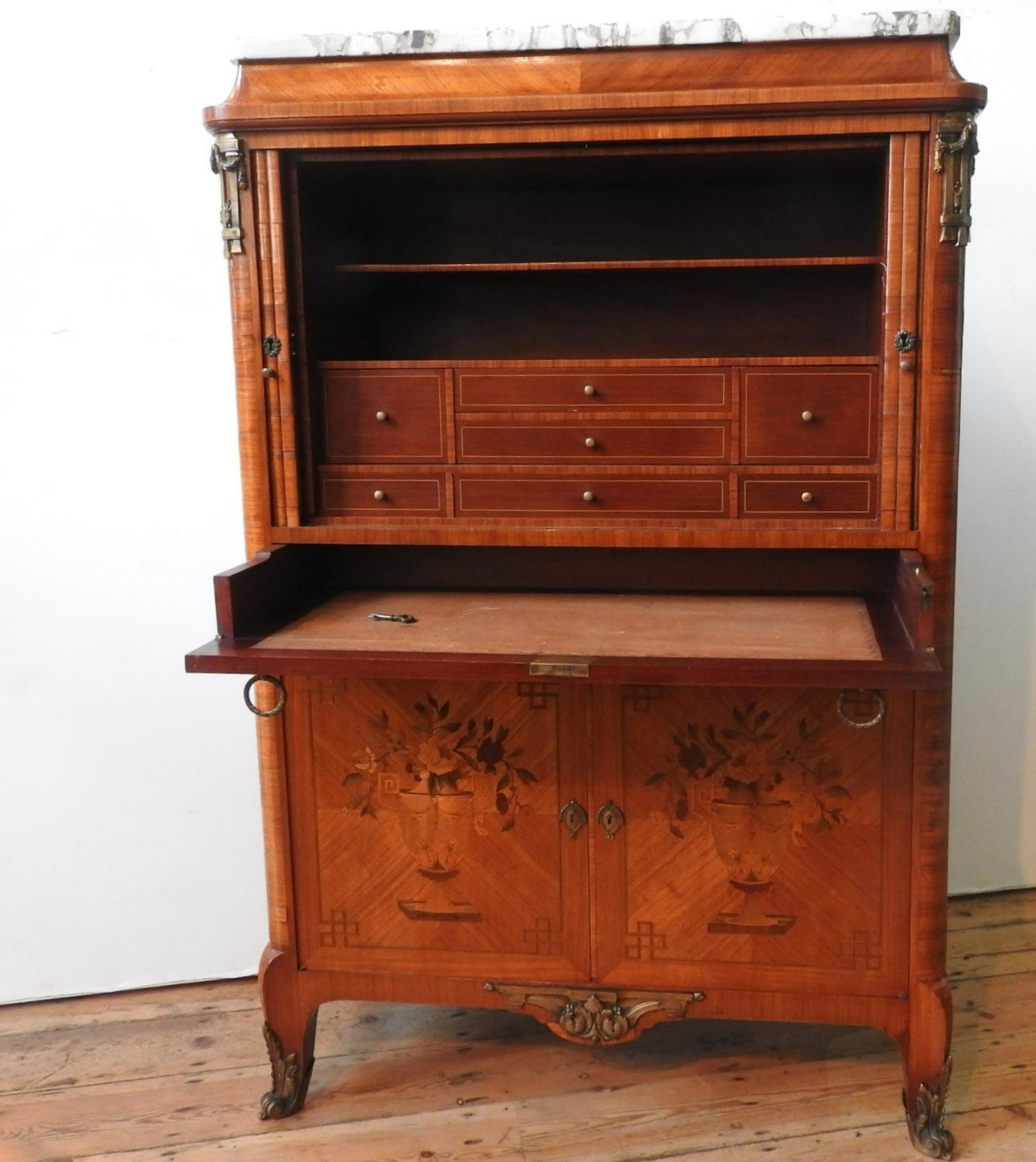 A 20TH CENTURY WALNUT VENEER LOUIS XVI STYLE SECRETAIRE, a tambour roll enclosing seven trinket - Image 3 of 6