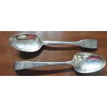 A LATE 18TH CENTURY HALLMARK SILVER SERVING SPOON AND AN EARLY VICTORIAN SERVING SPOON