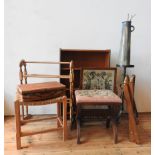 THREE TIER BOOKCASE, NEEDLEWORK X-FRAME STOOL, AND PINE TOWEL RAIL, with canvas covered trunk,
