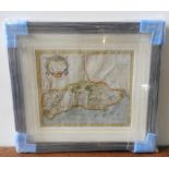 A CONTEMPORARY FRAMED ANTIQUE MORDEN MAP OF SUSSEX, 35 x 42 cm