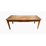 FRENCH 19th CENTURY OAK PLANK TOP FARMHOUSE TABLE, with single drawer on tapered legs, 76 x 75 x