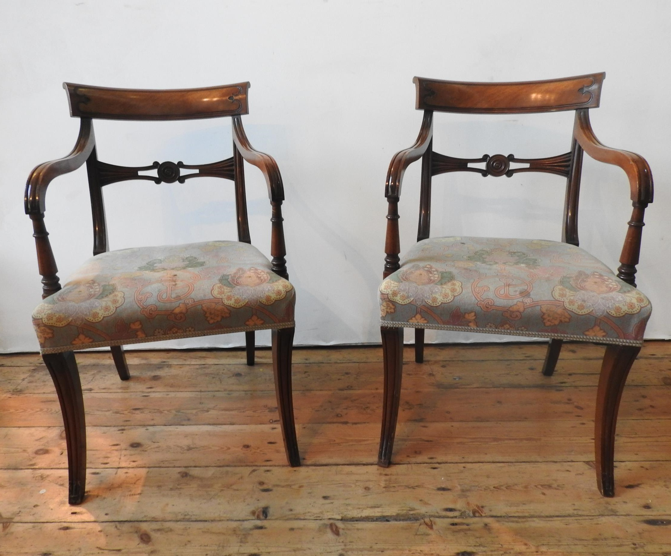 A 20TH CENTURY TWIN PEDEDSTAL D-END CROSS BANDED DINING TABLE AND 6 DINING CHAIRS, with tilting - Image 2 of 4