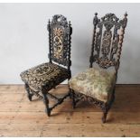 TWO ORNATE CARVED OAK 19TH CENTURY HALL CHAIRS, both with  barley twist and foliate carved frames