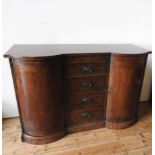 A 19TH CENTURY MAHOGANY INLAID SIDEBOARD, with two bowed cupboard doors and four graduated