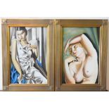 NUDE SCENE OIL ON CANVAS AND OIL ON CANVAS PORTRAIT OF LADY IN CHIFFON DRESS, both 75 x 39 cm and