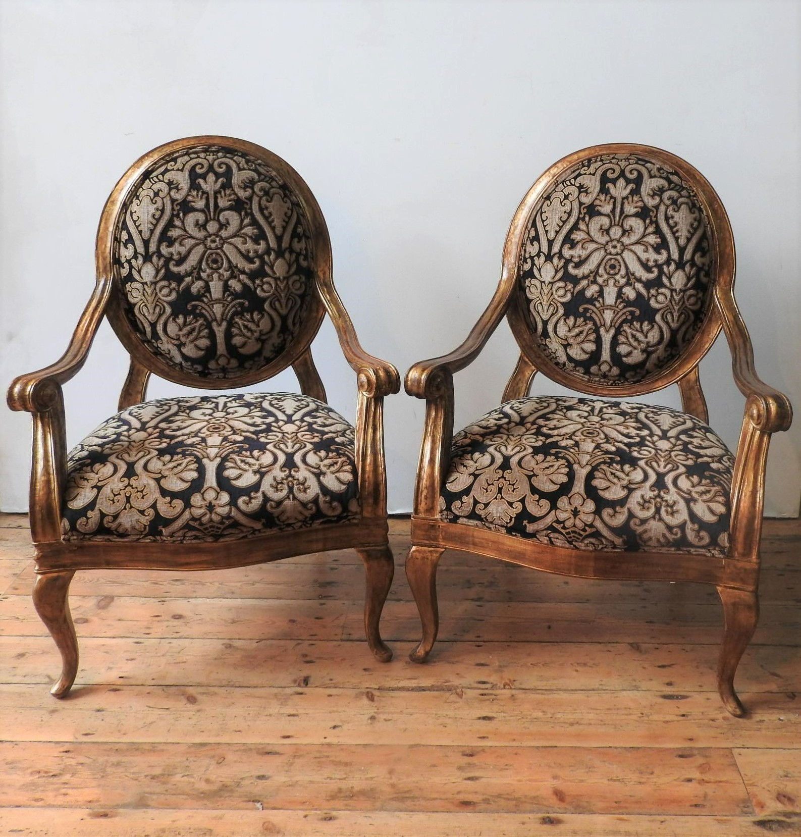 A PAIR OF DURESTA HAND MADE LOUIS XV STYLE GILDED ARMCHAIRS, the gilded scroll arm frames