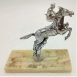 "STEEPLE CHASE" HORSE WITH JOCKEY HOOD ORNAMENT / CAR MASCOT 11.5cm x 14cm high