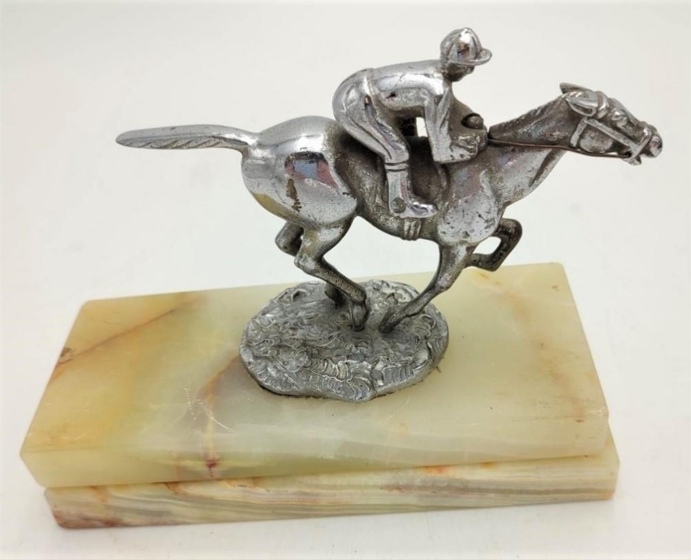 "GALLOPING" HORSE WITH JOCKEY HOOD ORNAMENT / CAR MASCOT 14cm wide x 9cm high