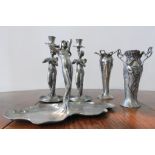 CAST METAL CONTEMPORARY ART NOUVEAU STYLE CANDLESTICKS, VASES AND TRAY