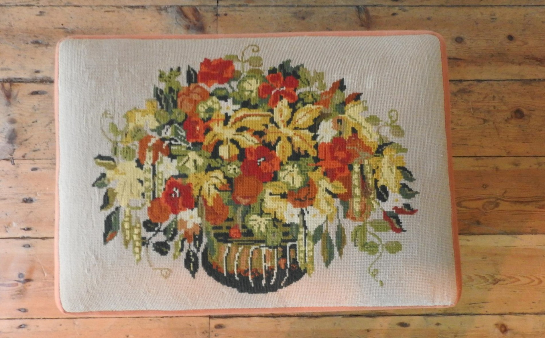 A 19TH CENTURY MAHOGANY FRAMED TAPESTRY TOP STOOL, the tapestry depiciting a floral arrangement, the - Image 3 of 3