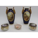 A PAIR OF COBALT BLUE ROYAL WORCESTER VASES, TWO TRINKET POTS AND A PIERCED DISH, the vases