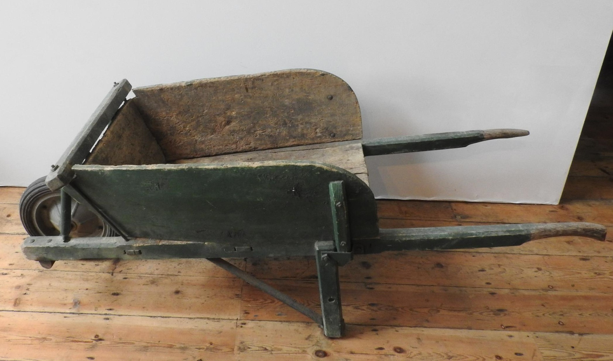 A FRENCH RUSTIC GREEN PAINTED WHEELBARROW, the original wheel replaced with a later addition, 63 x - Image 2 of 3