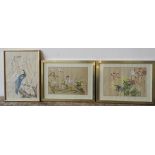 THREE CHINESE WATER COLOURS OF BIRDS, measuring 53 x 28 cm and similar
