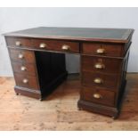 AN OAK 1930'S TWIN PEDESTAL WRITING DESK, with two banks of three drawers on pedestals, two short