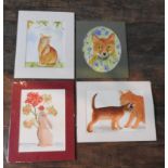 FOUR MOUNTED WATER COLOURS BY SUE DANBY, GREAT GRAND DAUGHTER OF J.M.W TURNER, depicting cats, fox