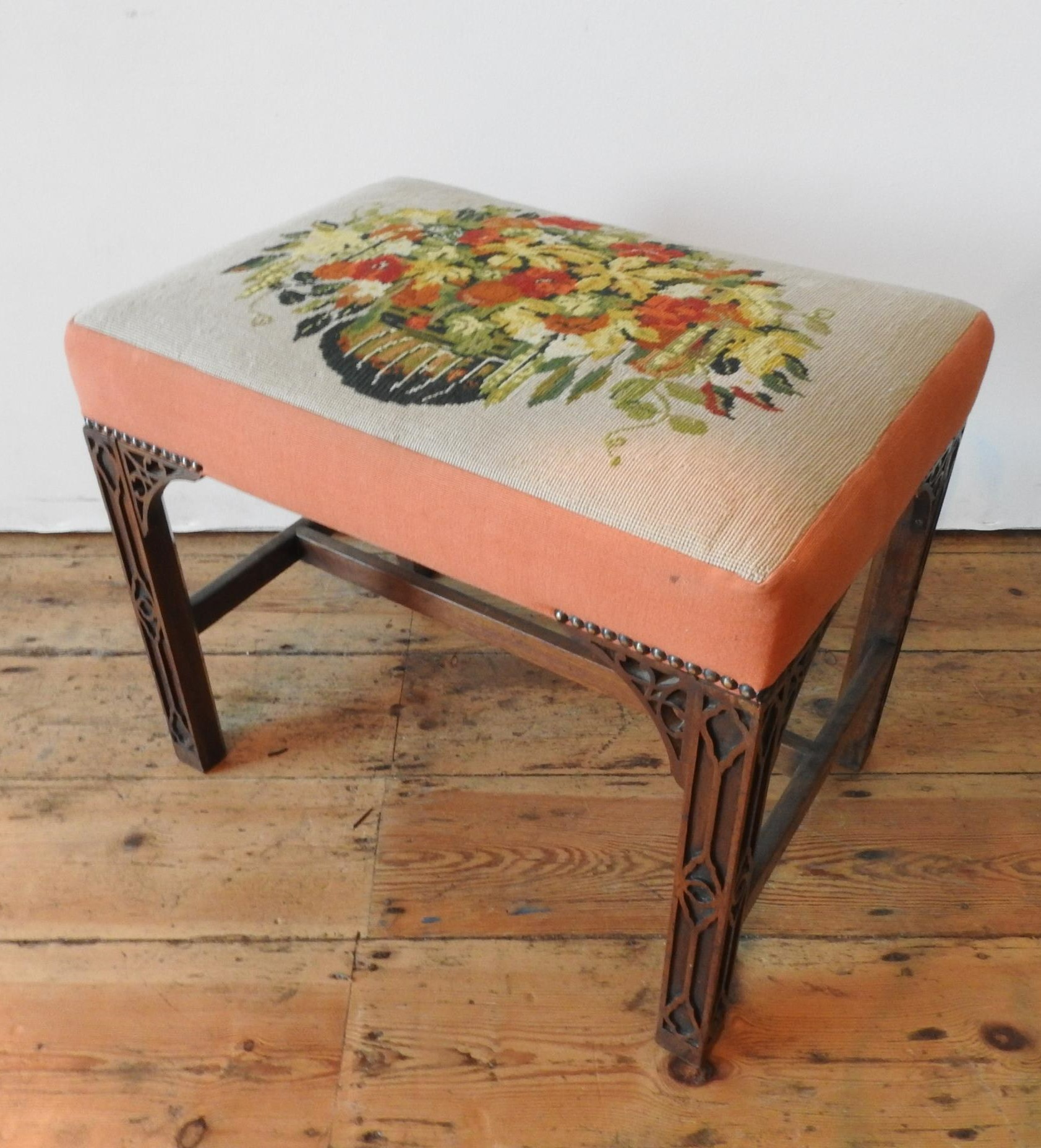 A 19TH CENTURY MAHOGANY FRAMED TAPESTRY TOP STOOL, the tapestry depiciting a floral arrangement, the - Image 2 of 3