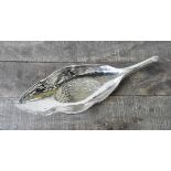 A PERUVIAN SILVER HAMMERED LEAF DISH, stamped 925, 32 cm long, weighs 7.5 oz