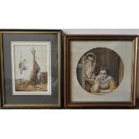 A WATER COLOUR OF HARE AND GAME BIRDS AND A WATER COLOUR OF TWO EARLY 19TH CENTURY LADIES, the