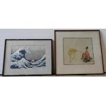 TWO JAPANESE COLOUR LITHOGRAPHS OF HOKUSAI 'UNDERNEATH THE WAVE' AND 'JAPANESE GIRL WITH FAWN',
