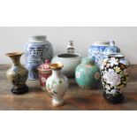 TWO LARGE BLUE AND WHITE SPICE JARS, THREE CLOISONNE VASES AND SIX PIECES OF CHINESE DESIGN