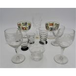 TWO ETCHED HUNTING SCENE GOBLETS, SUNDAE DISHES, FOUR ART DECO GLASSES, KNOP STEM GLASS AND ETCHED