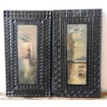 A PAIR OF OIL PAINTINGS ON HAND CARVED PANELS DEPICTING ESTUARY AND RIVER SCENES, each panel 33 x 18
