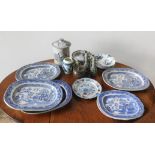 SIX WILLOW PATTERN MEAT PLATES, STAFFORDSHIRE FLAT BACK FIGURE AND ROSKYL POTTERY VASE, along with