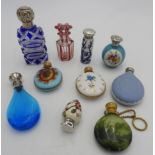 FOUR HALLMARK SILVER TOP SCENT BOTTLES AND SIX OTHERS