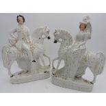 TWO 19TH CENTURY STAFFORDSHIRE FLAT BACK FIGURES ON HORSE BACK, cream glazed, the tallest