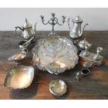 A SMALL SILVER CIRCULAR DISH, A SILVER BOWL AND A QUANTITY OF PLATED WARE, both silver items stamped