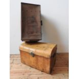 A VINTAGE TIN TRUNK AND A VINTAGE CANVAS COVERED TRUNK
