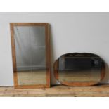 TWO VINTAGE WALL MIRRORS WITH ROSE TINTED MIRROR FRAMES, the larger comprising of six mirror tiles