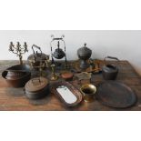 A LARGE COLLECTION OF COPPER AND BRASS WARE, INCLUDING SPIRIT KETTLE AND CANDELABRA, along with