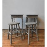 TWO PAINTED STOOLS AND A PAIR OF LAMP TABLES