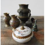 A 20TH CENTURY CLOISONNE BOWL WITH LID, THREE CLOISONNE DECORATED METAL VASES AND TWO CHINESE