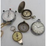 A LADIES HALLMARK SILVER FOB WATCH, INGERSOLL POCKET WATCH, STOP WATCH AND TWO COMPASSES