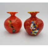 TWO HAND MADE LAFIORE ORANGE /YELLOW GLOBE VASES, 14 cm high