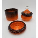 MOTTLED AMBER ART GLASS POT, BOWL AND TRAY