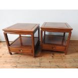 A PAIR OF ANGLO-CHINESE ROSEWOOD TWO TIER SIDE TABLES WITH SINGLE DRAWERS, produced in Hong Kong