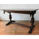 AN OAK 20TH CENTURY JACOBEAN STYLE REFECTORY TABLE, with carved baluster supports, finial corners