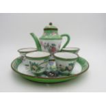 CHINESE ENAMEL FAMILLE ROSE TEASET 20TH CENTURY (6) teapot, 16cm high, tray, 27cm diam