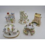 FOUR COALPORT PASTEL BURNERS AND ONE OTHER, all in the form of various buildings including church