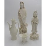 CHINESE BLANCE-DE-CHINE FIGIURE OF GUANYIN 20TH CENTURY 30cm high; together with a BLANC-DE-CHINE