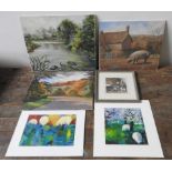 FOUR SIGNED RURAL SCENE OIL PAINTINGS ON BOARD AND TWO MOUNTED PRINTS