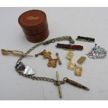 A PAIR OF 9CT GOLD CUFFLINKS, CHINESE CUFFLINKS, WATCH CHAIN, LOCOMOTIVE PIN BADGES AND DART TIE