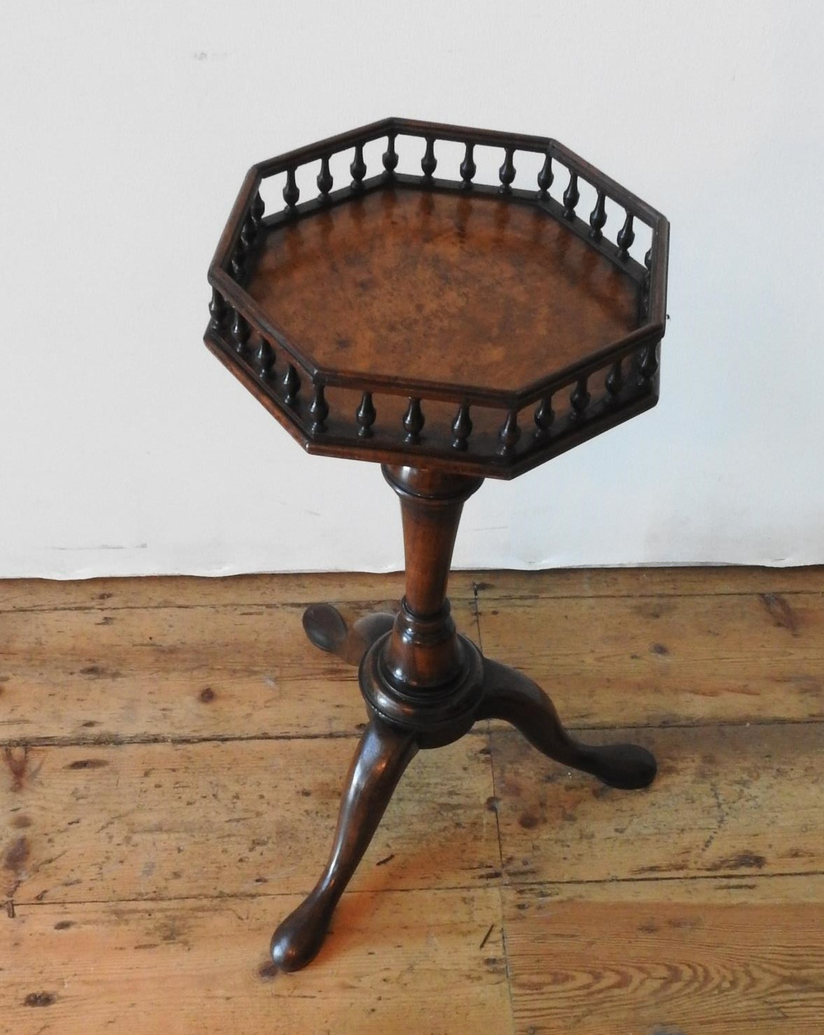 A 19TH CENTURY WALNUT TRIPOD TABLE WITH GALLERY EDGED OCTAGONAL TOP, with a tapered turned - Image 2 of 3